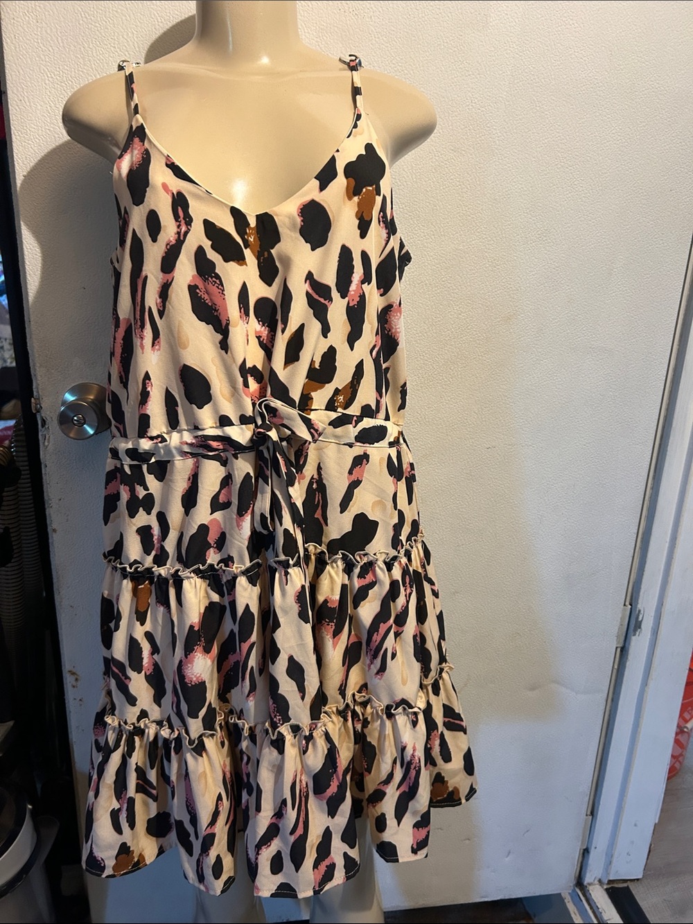 She + Sky Cream Tiered Dress with Black, Pink & Brown Spots